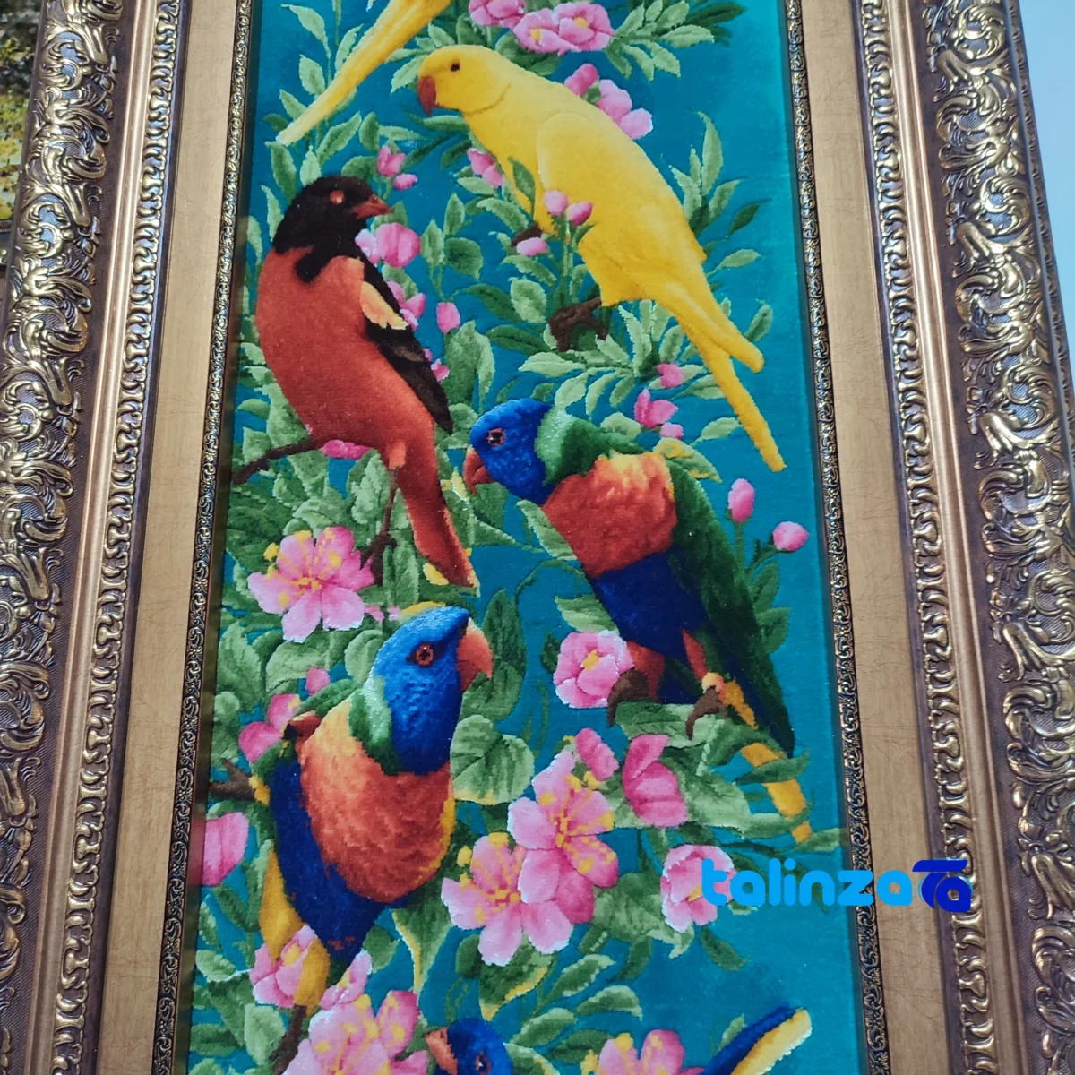 In-room view of RT Handwoven Carpet Tapestry Parrot Design room styling and scale