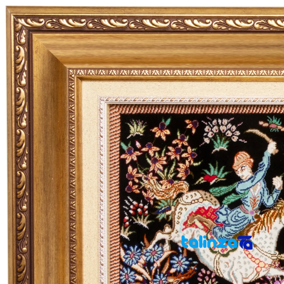 In-room view of Si Persia Handwoven Carpet Tapestry Hunting Scene room styling and scale