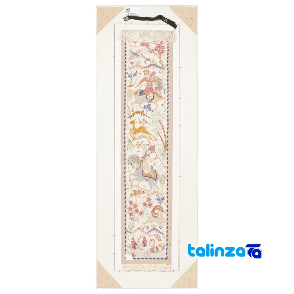 Side view of C Persia Handwoven Tapestry Miniature Hunting Scene profile and structure