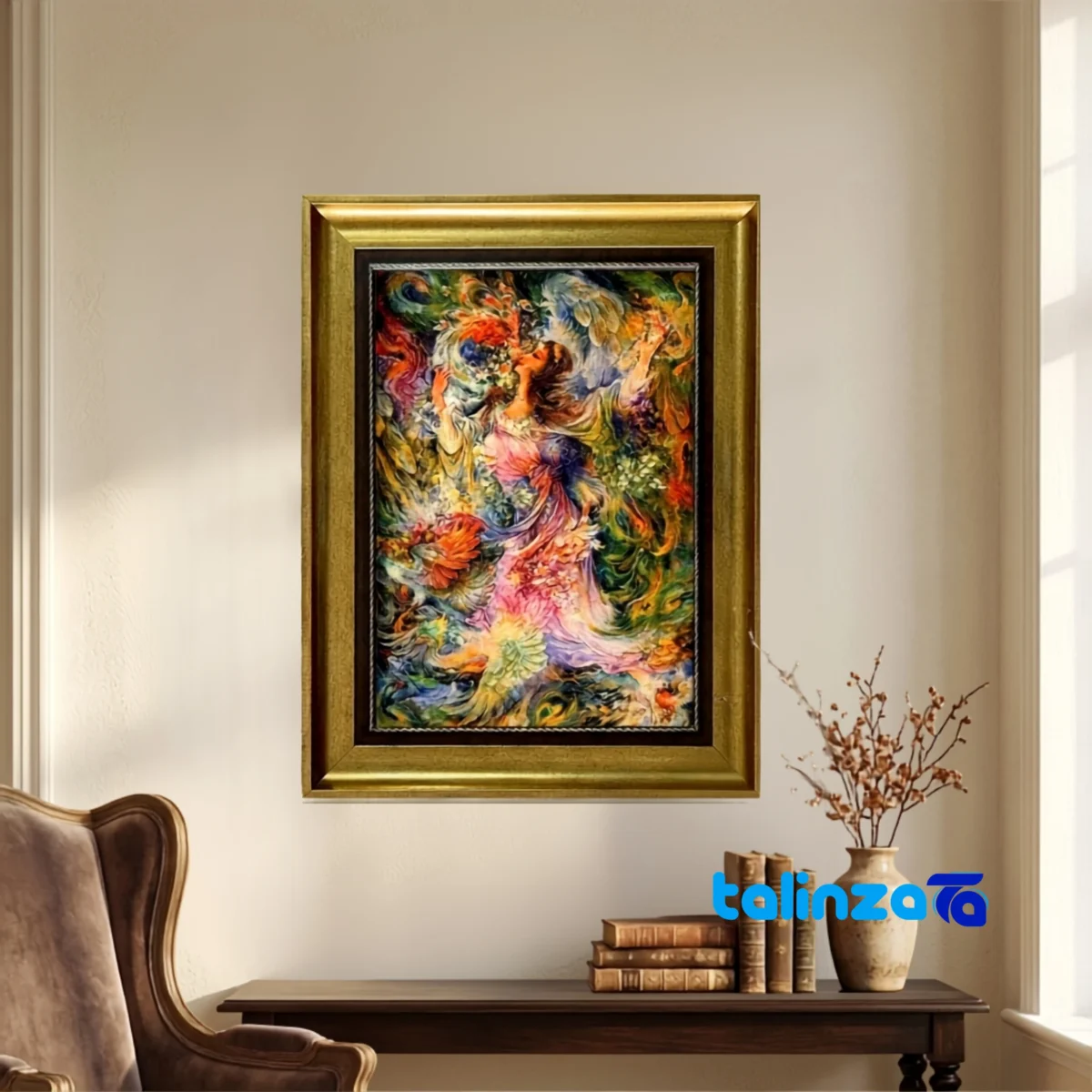 In-room view of Miniature Handwoven Design Carpet Tapestry room styling and scale