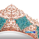 Side view of Magnificent Art Turquoise Inlaid Mirror Candleholder Set profile and structure