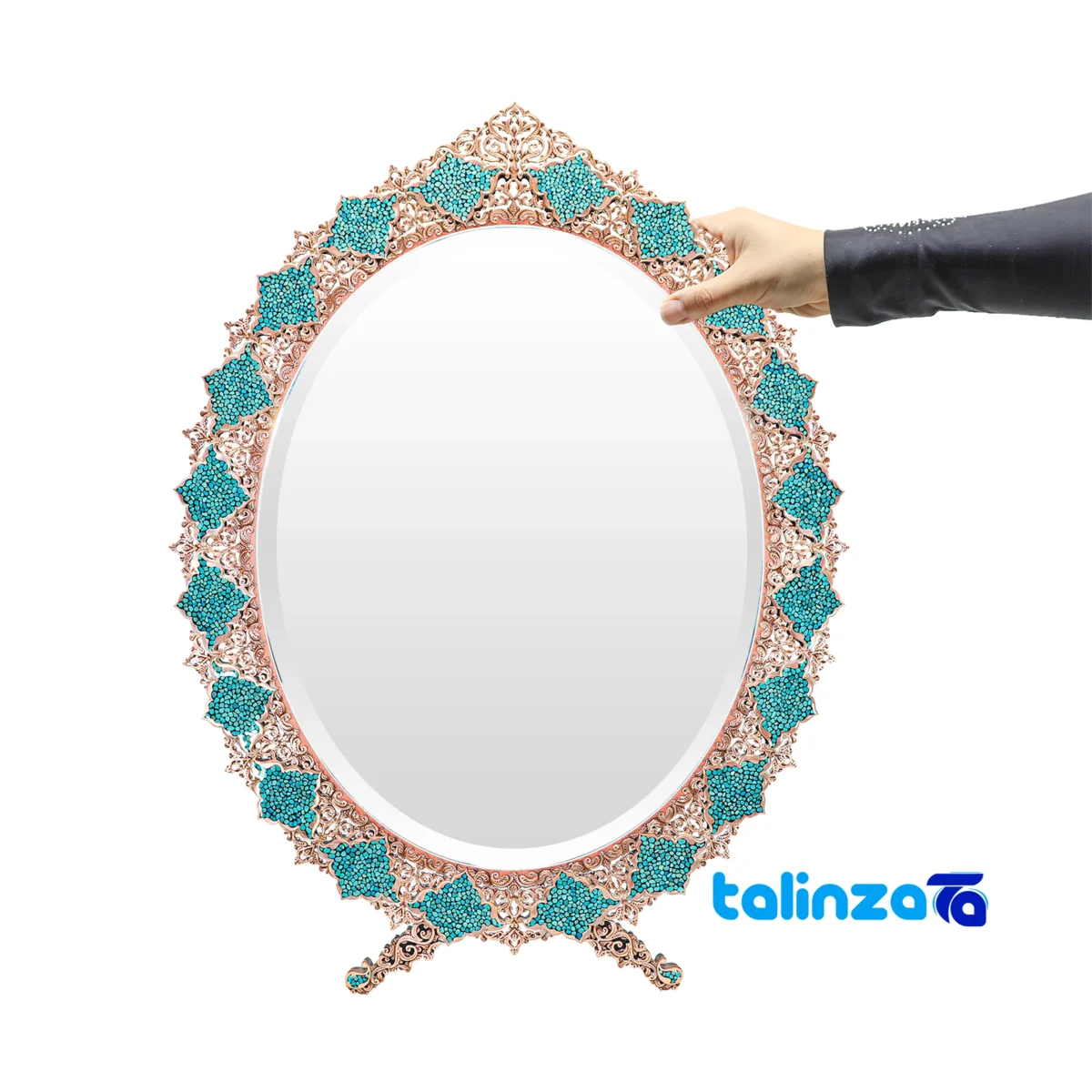Side view of Fakhra Turquoise Inlaid Mirror Candle Holder Set Copper profile and structure