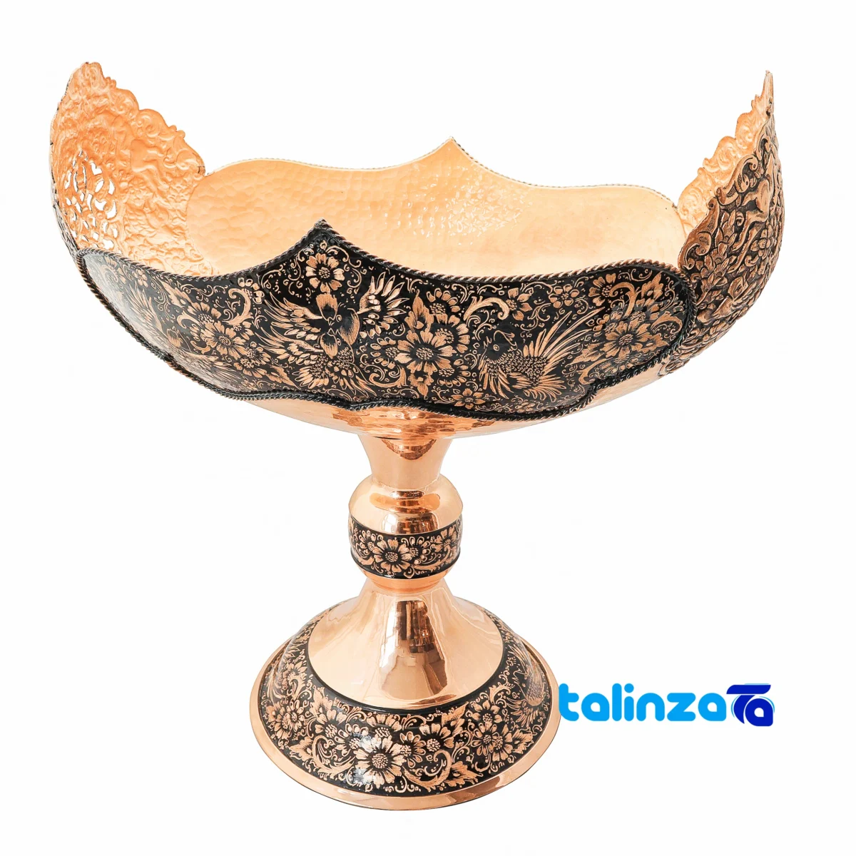 Side view of Copper Kashkul Diamond-Engraved Serving Bowl Diamond-cut profile and structure