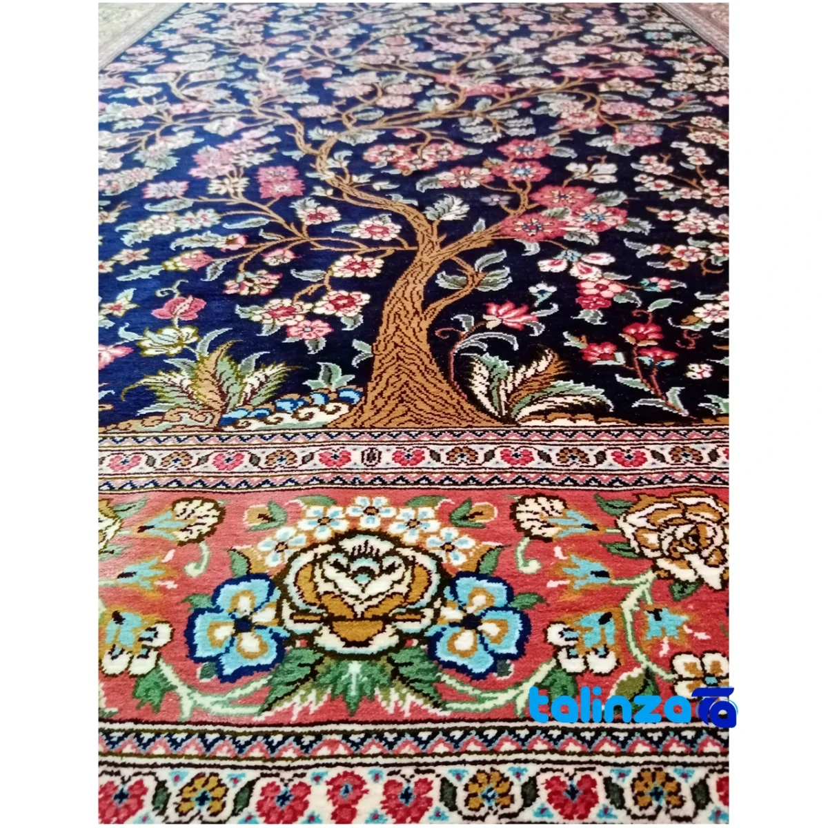 YMM Handwoven Silk Rug Tree Design Navy border and finishing (Edge view)