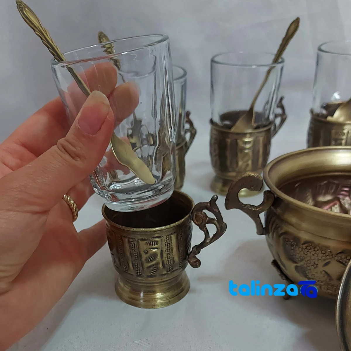 Brass Tea Set 19 Piece Handcrafted Engraved 12x12x10 cm profile and structure (Side view)