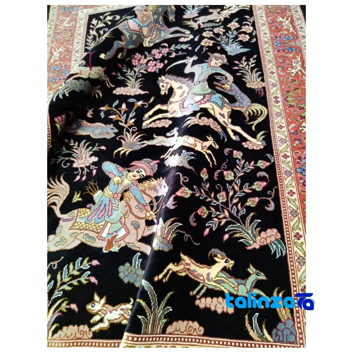 Handwoven Persian Carpet Hunting Scene Elegant Design room styling and scale (In-room view)