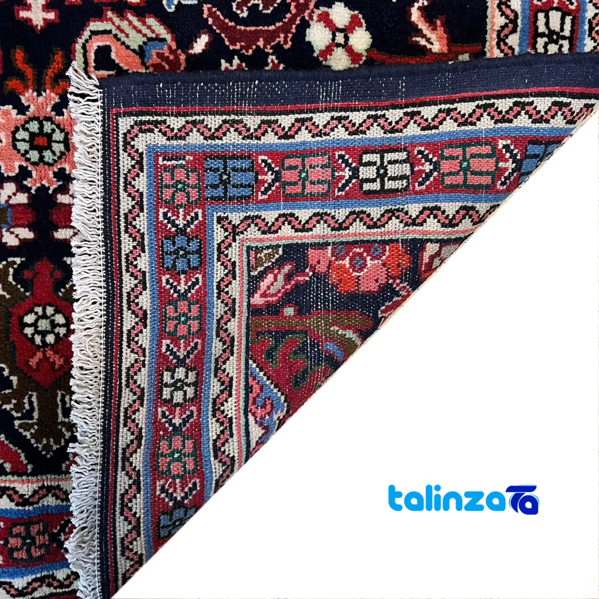 In-room view of Handwoven Persian Carpet Hamadan Design - Navy Blue room styling and scale