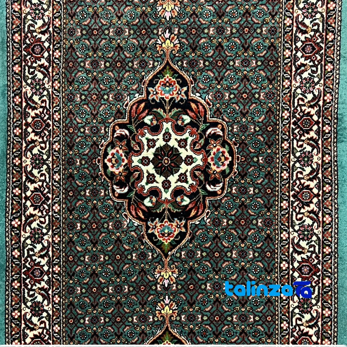 Side view of Bijar Handwoven Runner Fish Design Green profile and structure
