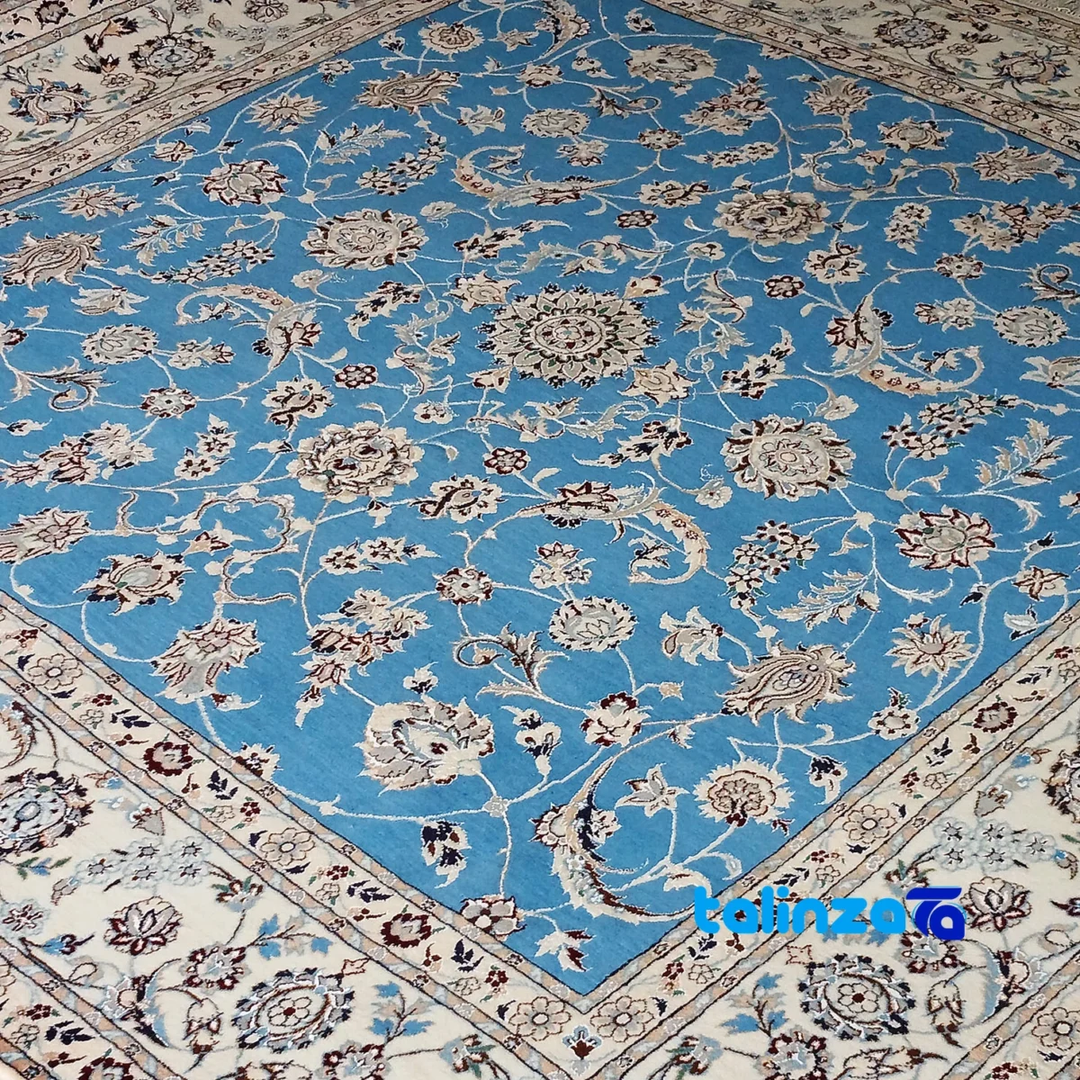 In-room view of Nain Handwoven Rug Square Design Soft Blue room styling and scale