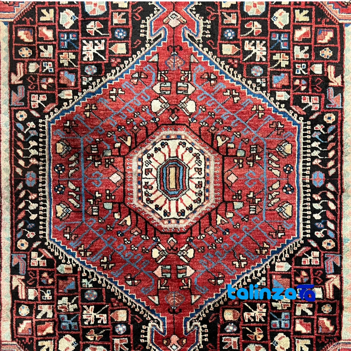 Room setting of Toisarakan Handwoven Rug Traditional Design Black floor placement example