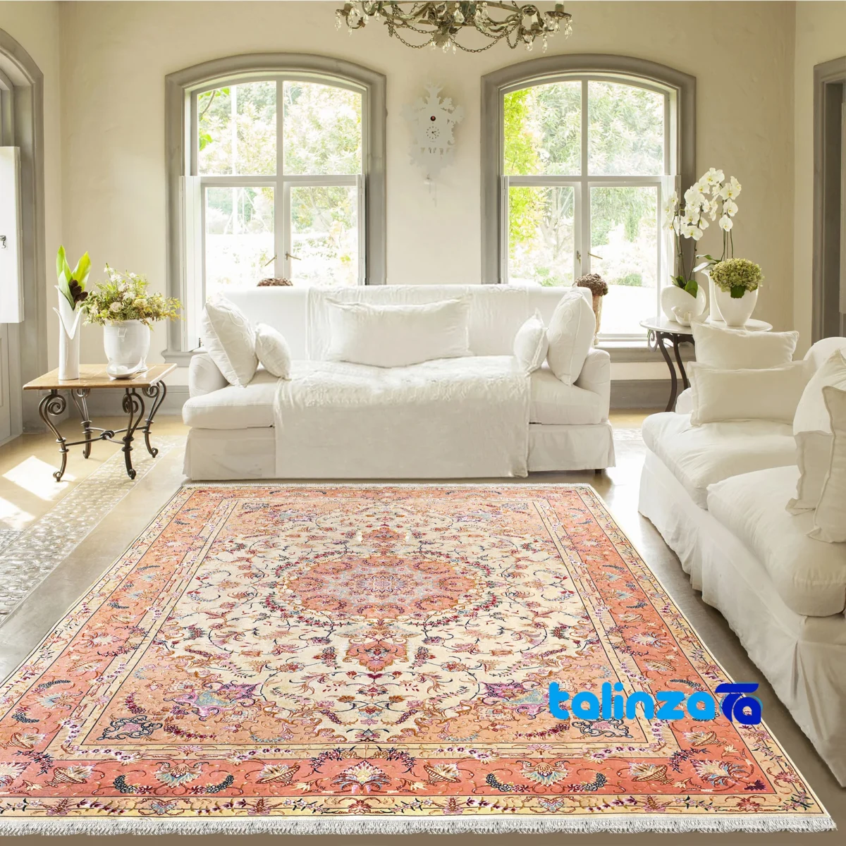 Handwoven Tabriz Carpet Cream room styling and scale (In-room view)