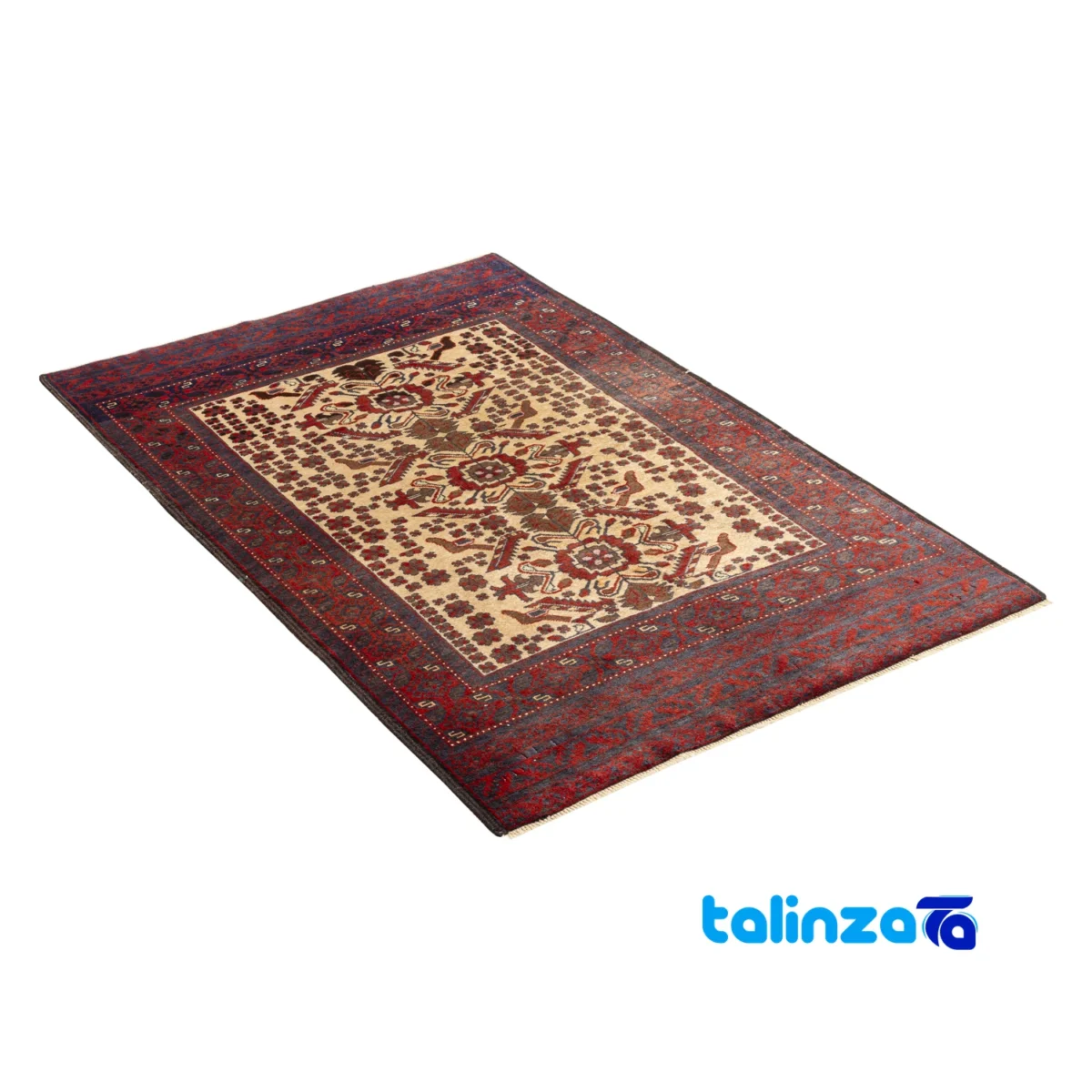 Handwoven Persian Rug Baloch Design Natural Dye Cream room styling and scale (In-room view)