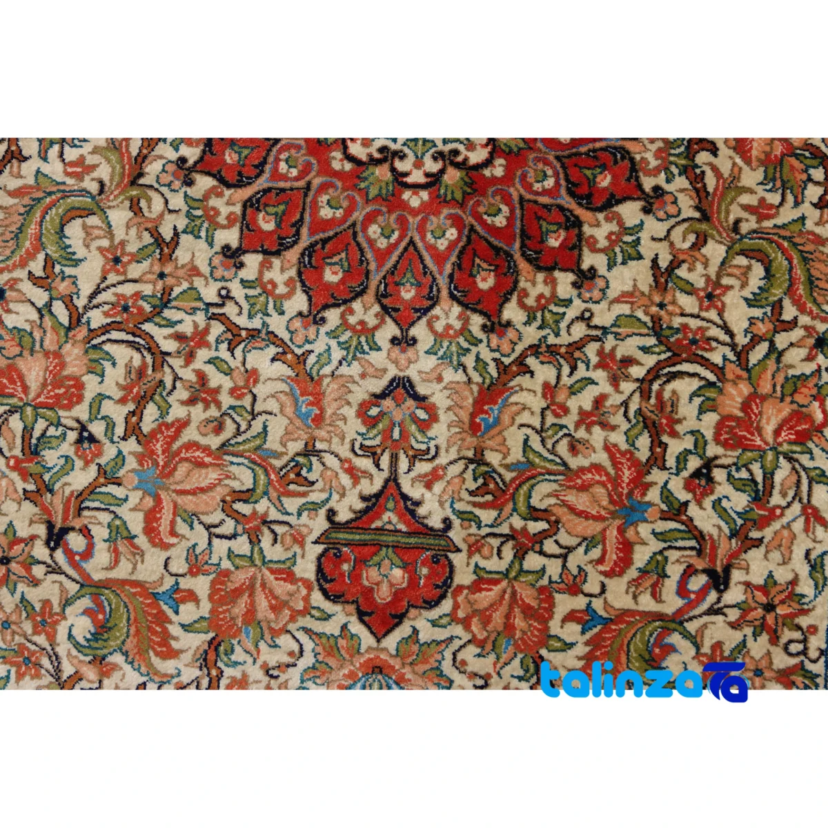 Handwoven Persian Rug Turanj Design Cream room styling and scale (In-room view)