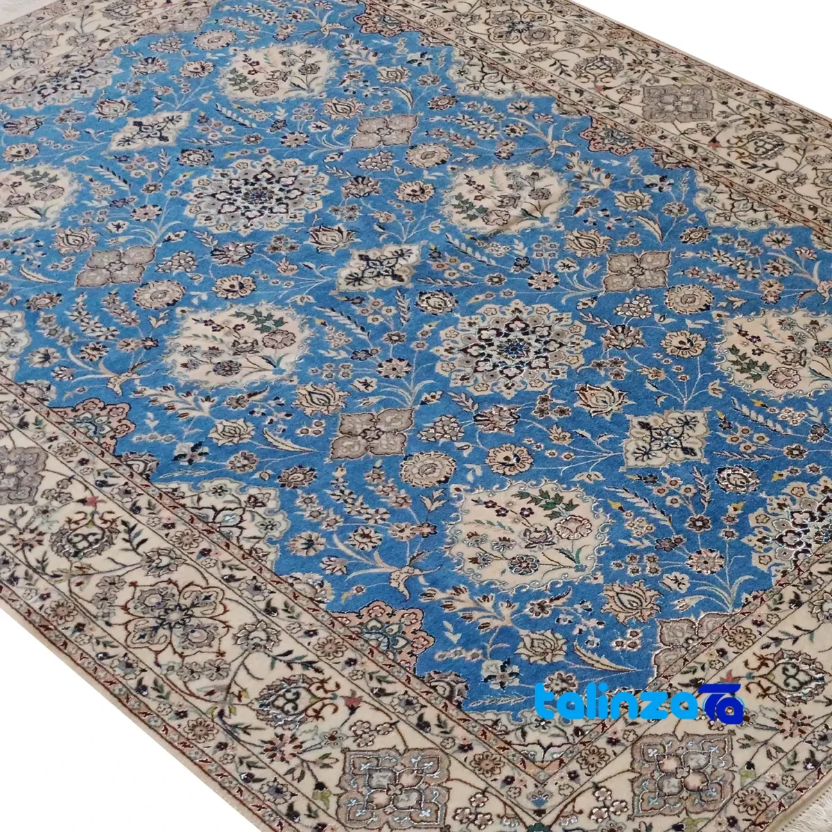 Nain Royal Handwoven Carpet Blue floor placement example (Room setting)