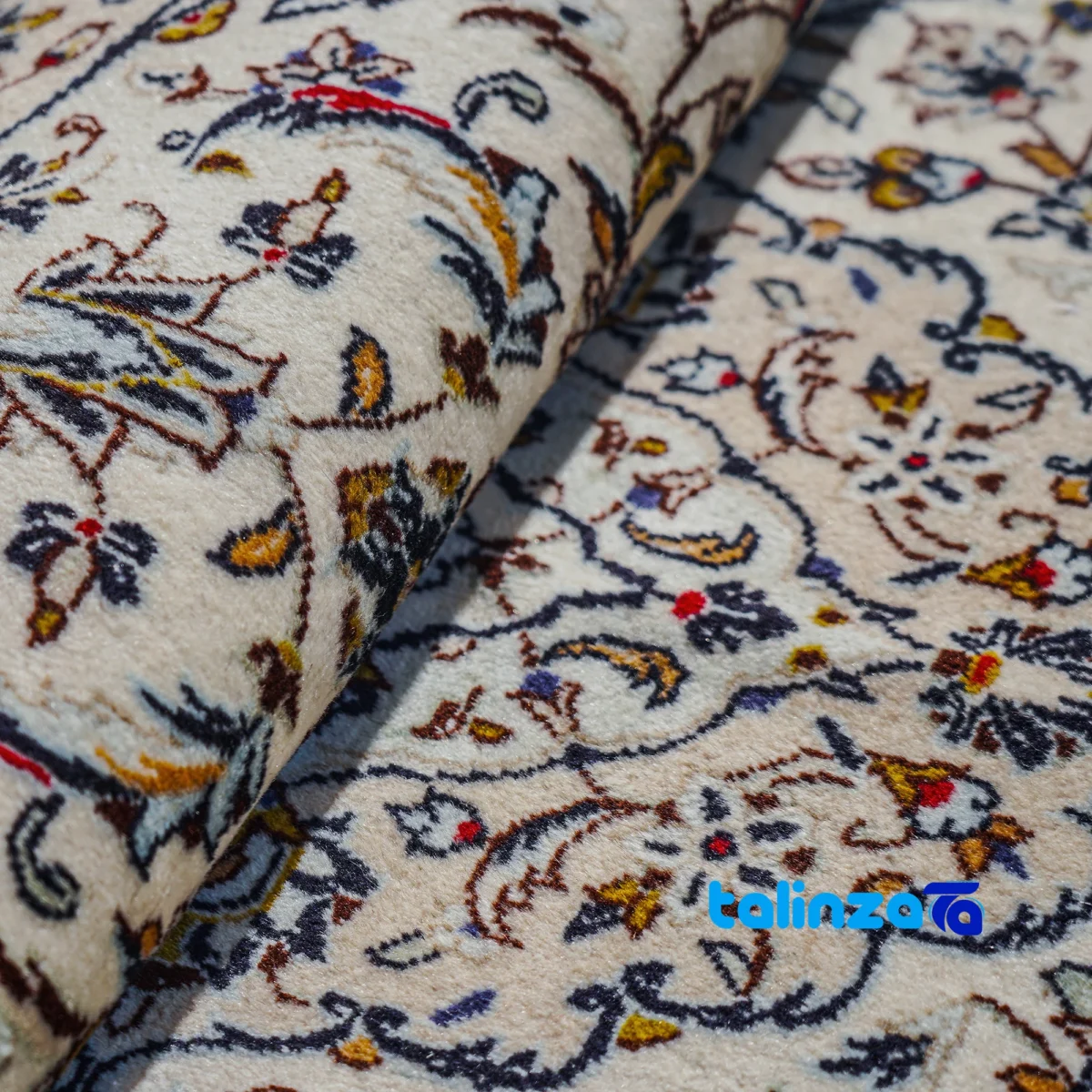 Kashan Handmade Rug Cream Rectangular Design - In-room view showing room styling and scale