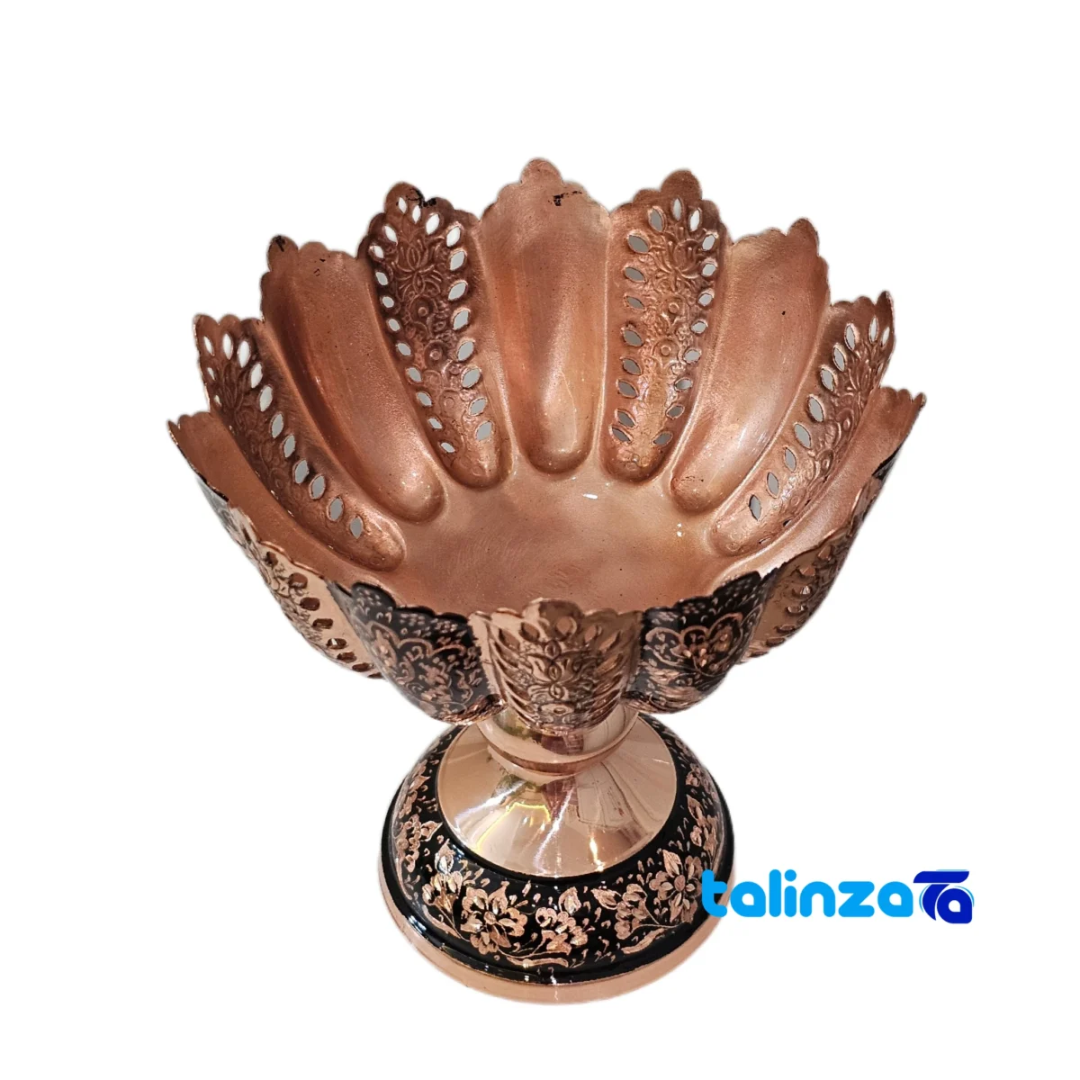 Side view of Negaristan Copper Nut Bowl Blue Diamond Cut profile and structure