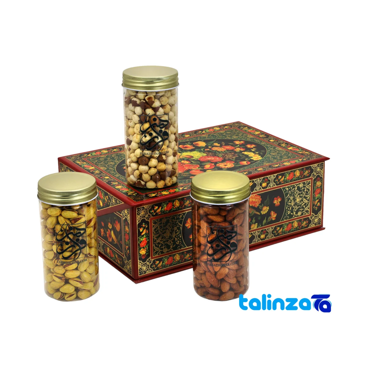 Packaging view of Isfahan Faraz Honar Salted Mixed Nuts 1850g 3-pack golestan box