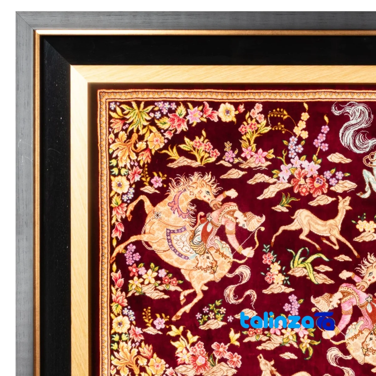 Top view of C Persia Handwoven Tapestry Miniature Hunting Scene pattern and color tone