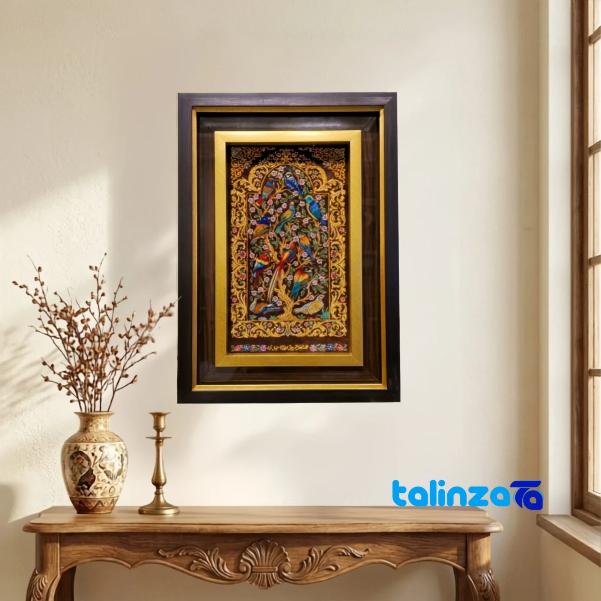 Top view of Handmade Carpet Wall Art Bird Tree Design pattern and color tone