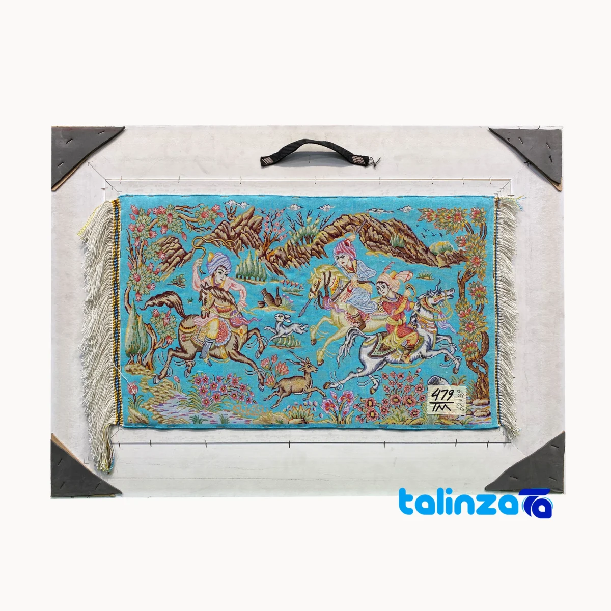 Front view of Handmade Fantasy Tapestry Hunting Scene design and key details