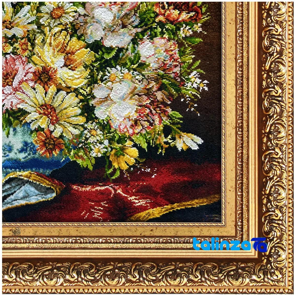 Front view of Mirnazami Handwoven Tapestry Floral Design White Vase and key details