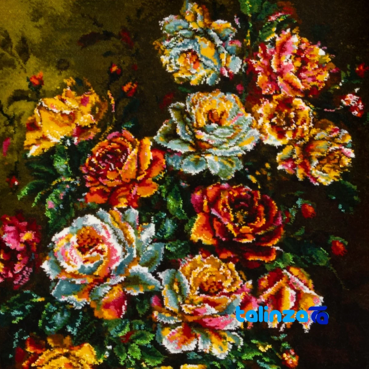 Front view of C Persia Handwoven Tapestry Flower in Vase Design and key details