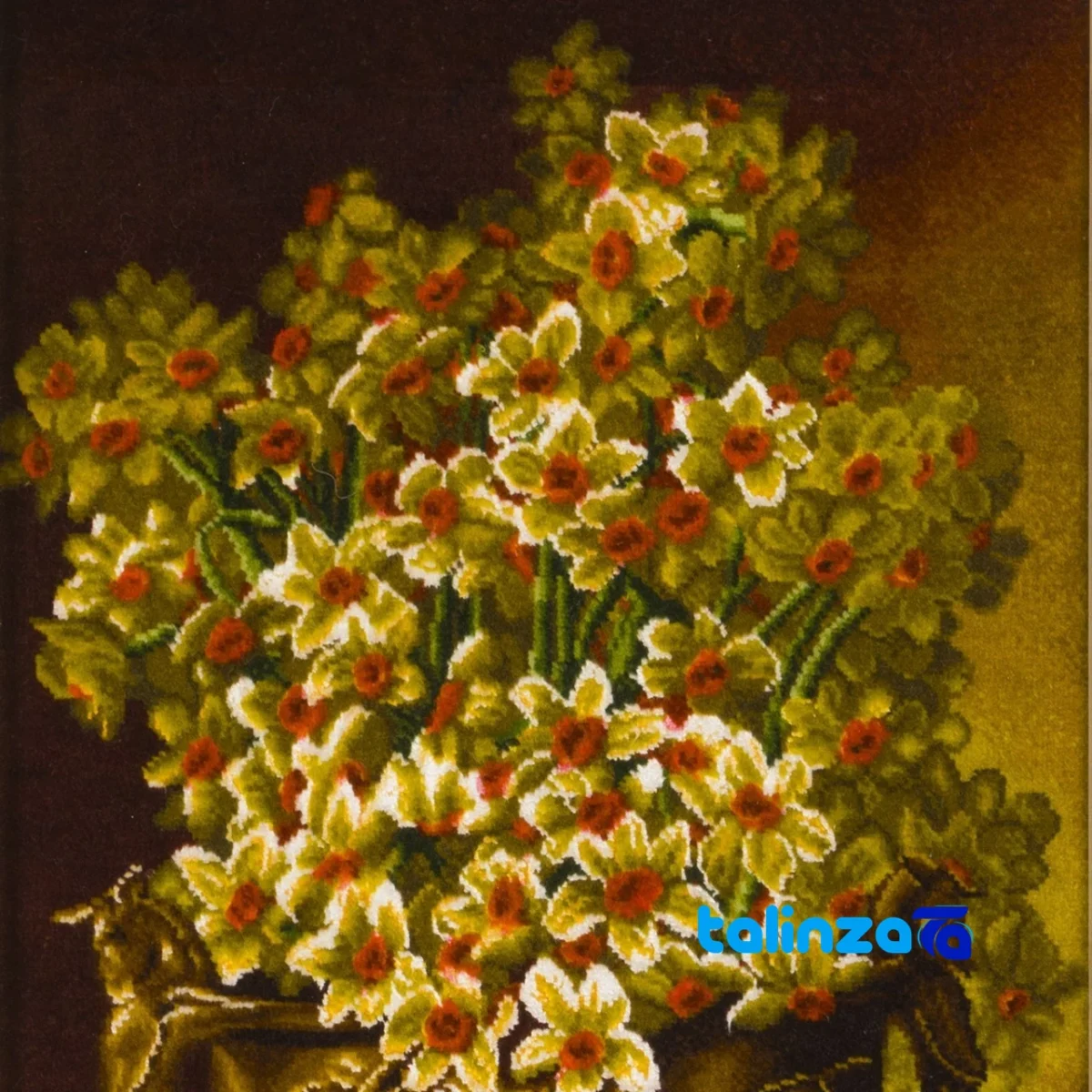 Front view of Si Persia Handwoven Tapestry Narcissus Flower Design and key details