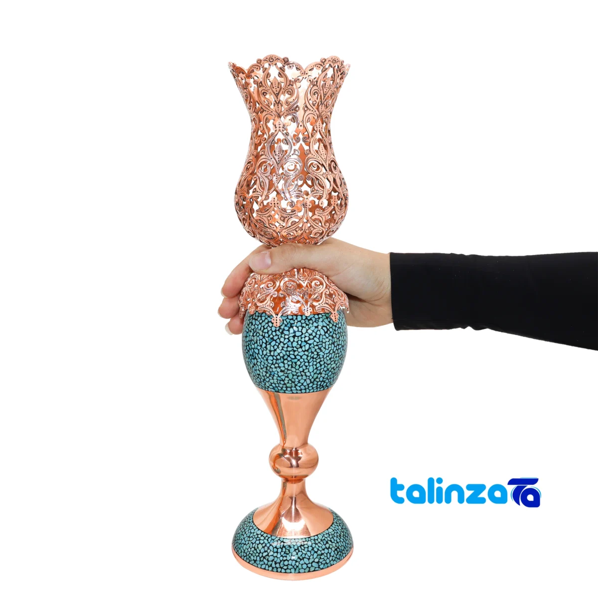 Front view of Magnificent-Art Turquoise Mirror Candleholder Set Decorative Copper design and key details