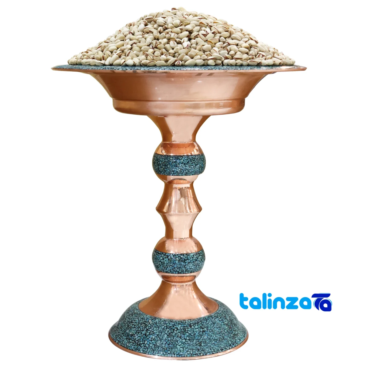 Front view of Turquoise Inlaid Confectionery Bowl Decorative Copper pack label and ingredients