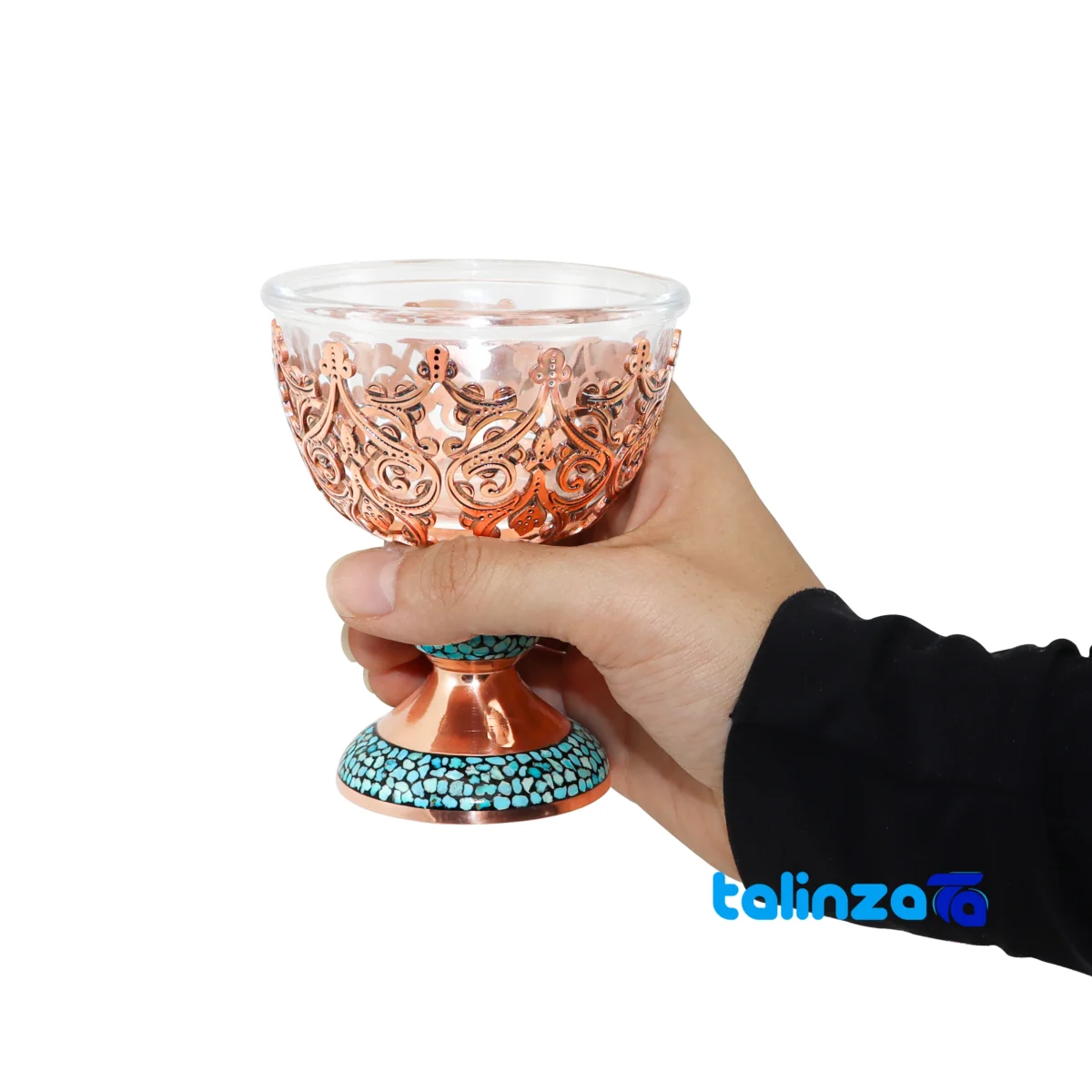 Front view of Magnificent Art Turquoise Inlaid Seven Piece Nut Bowls Set pack label and ingredients