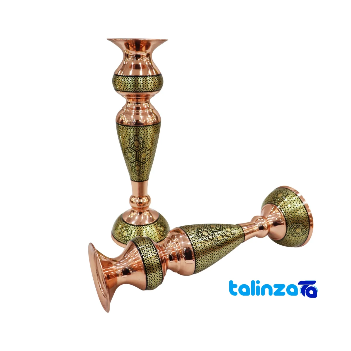 Front view of Khatamkari Mirror Candlestick Set Elegant Waistline Design and key details