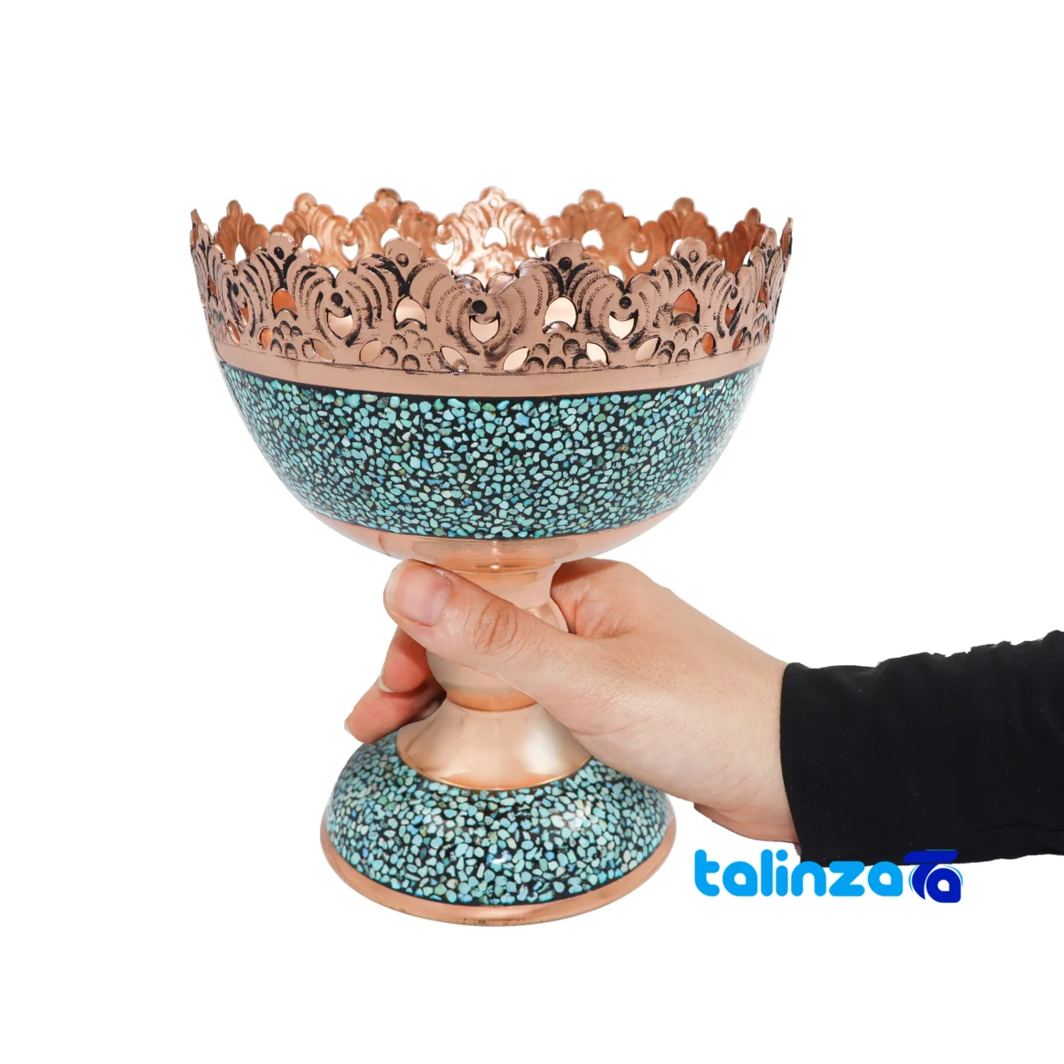 Front view of Firoozehkoobi Nut Bowl Lab Qalam Set Six Decorative, functional pack label and ingredients