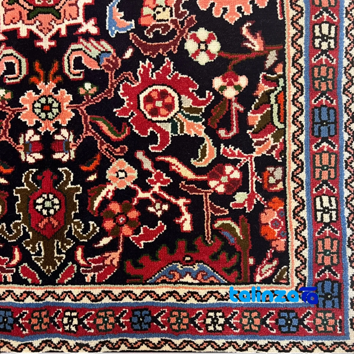 Handwoven Persian Carpet Hamadan Design - Navy Blue - Top view showing pattern and color tone