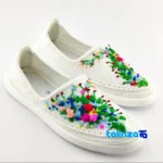 Kerman Beige Cotton Shoes with Embroidery Design - Front view showing and key details