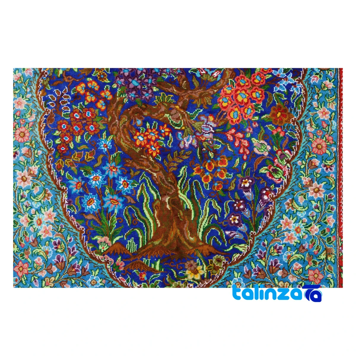 Top view of Handwoven Carpet Tree Design Navy Blue pattern and color tone
