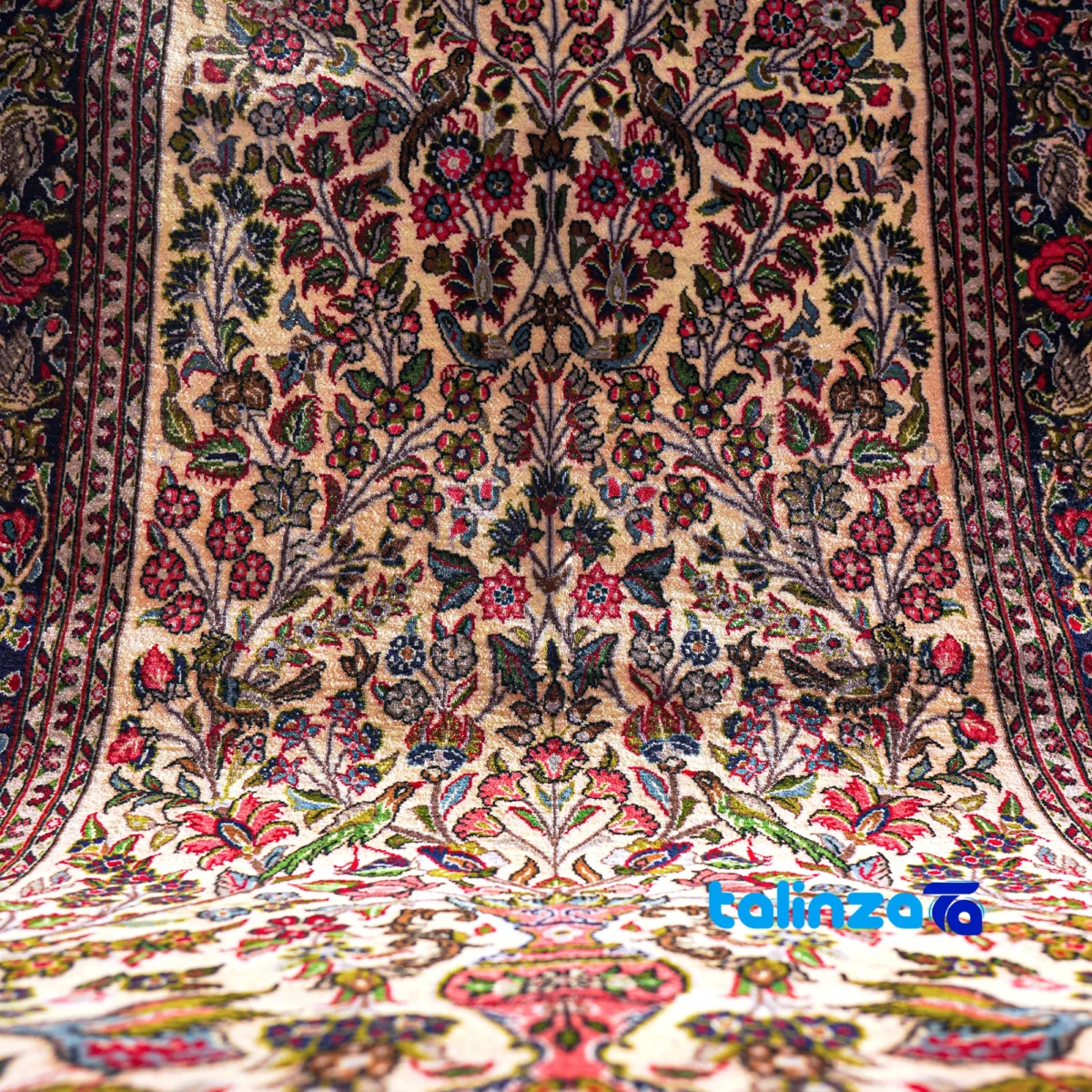 Top view of Persian Handwoven Carpet Qom Floral Design pattern and color tone