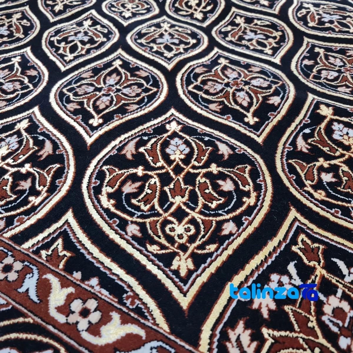 Top view of Haj Bagheri Handwoven Carpet Black pattern and color tone