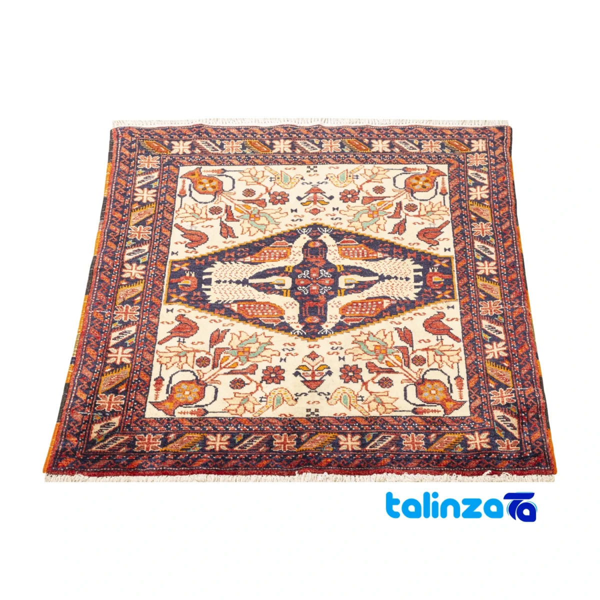 Handwoven Persian Rug Baloch Design Cream Background overall layout (Full spread)