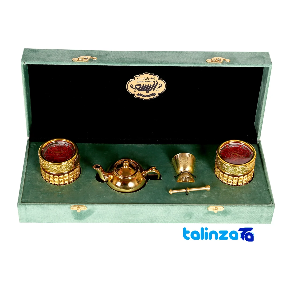 Front view of Royal Pichak Aliseh Saffron Gift Set grade and packaging