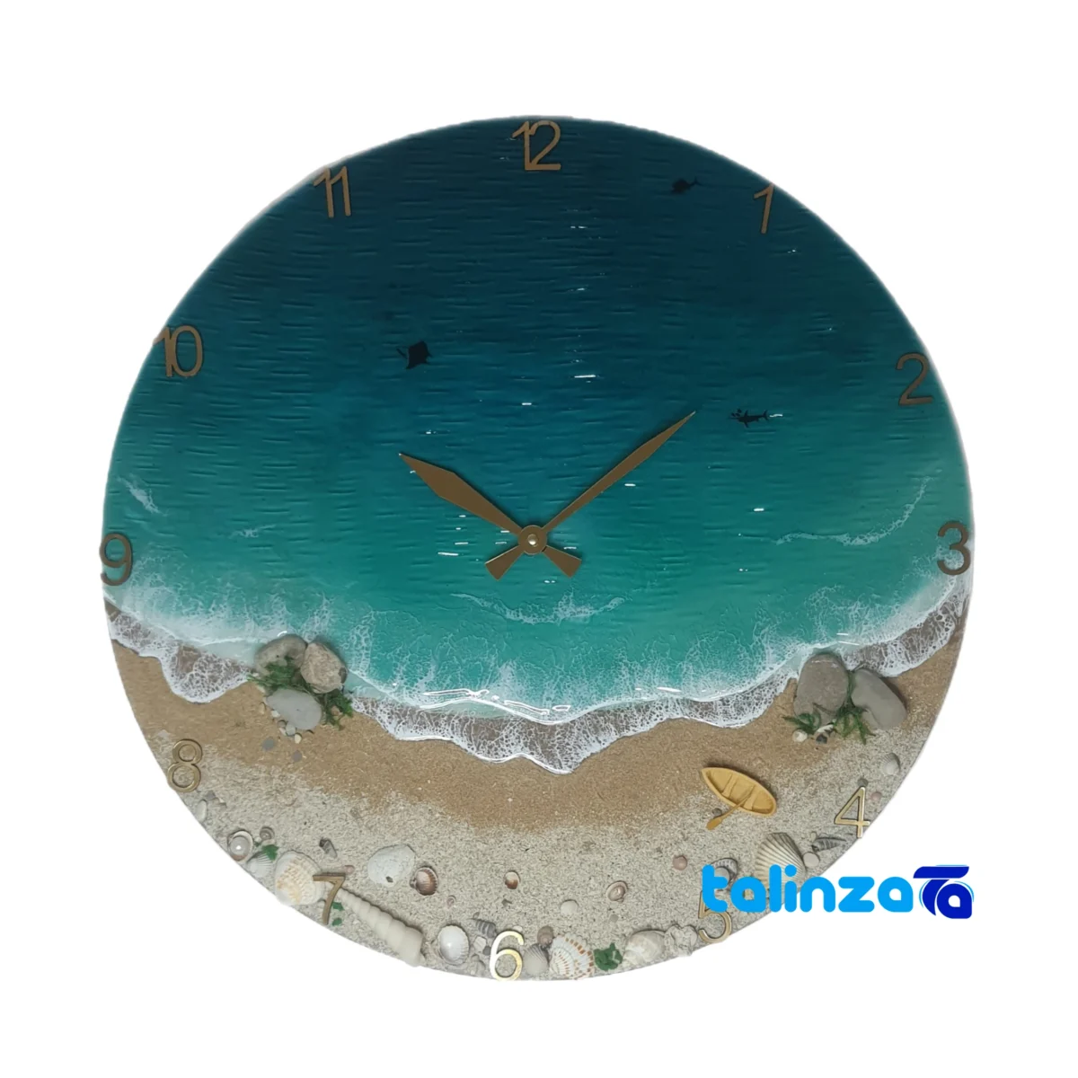 Handcrafted Resin Wall Clock Beach Wave Design dial layout and markers (Front view)