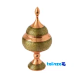 Front view of JK Brass Chocolate Bowl with Inlay Design and key details