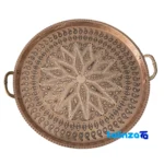 Front view of Copper Craft Round Tray Handcrafted Design Plate, Serving Dish, and key details