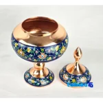 Front view of Persian Copper Candy Dish Engraved Design and key details