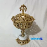 Front view of Brass Blossom 3-Piece Serving Set with Stone Base 60x32x23 cm design and key details