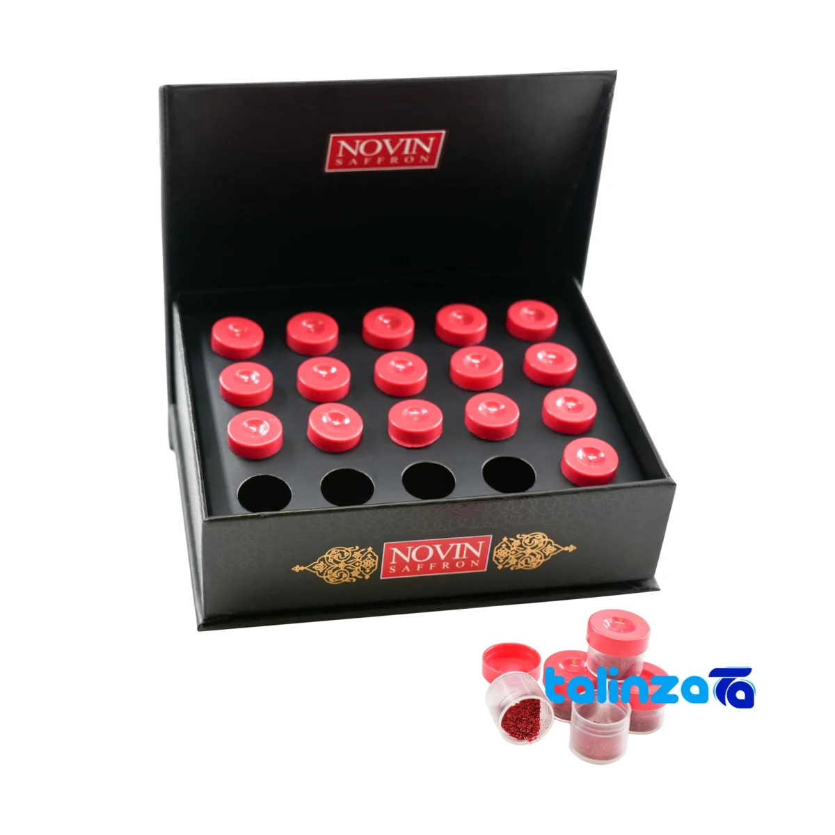 Front view of Novin Saffron Powder Premium Quality Packet grade and packaging