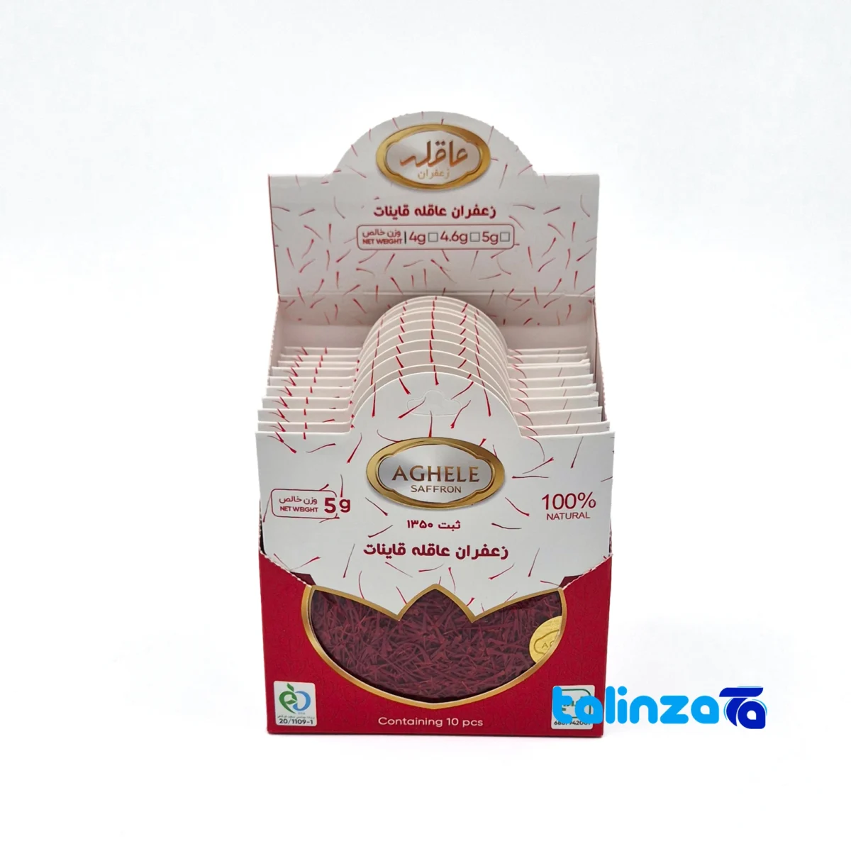 Front view of Aghleh Saffron Sachets Grade A Sachet and packaging