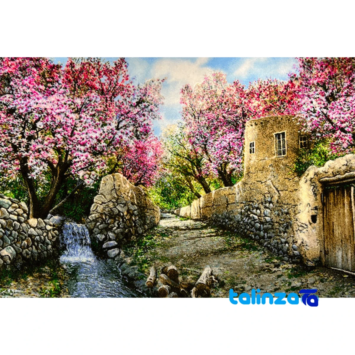 Detail view of Mirnazami Handwoven Carpet Wall Art Spring Blossom Scene pile texture close-up