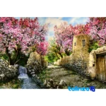 Detail view of Mirnazami Handwoven Carpet Wall Art Spring Blossom Scene pile texture close-up
