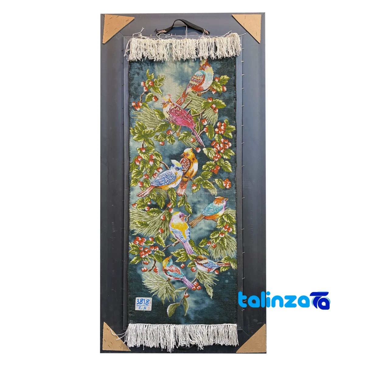 Detail view of Handmade Carpet Wall Art Floral Bird Design pile texture close-up