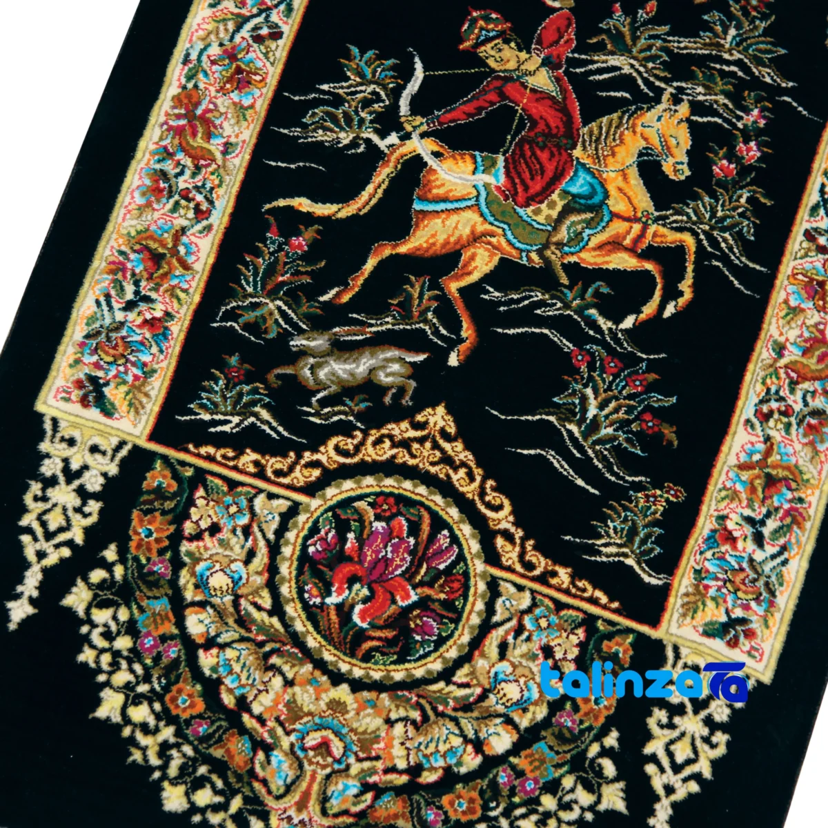 Detail view of Handwoven Carpet Wall Art Hunting Scene pile texture close-up